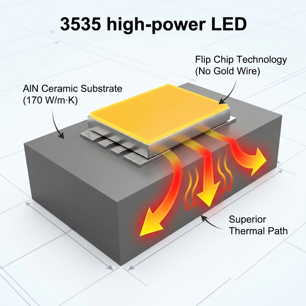 3535大功率灯珠的内部核心结构三维剖视图。深灰色氮化铝陶瓷基板上直接焊接倒装芯片,无金线,表面覆盖荧光粉。图示热量从芯片直接传导至陶瓷基板的路径,标注“AlN Ceramic Substrate (170 W/m·K)”、“Flip Chip Technology (No Gold Wire)”和“Superior Thermal Path”。