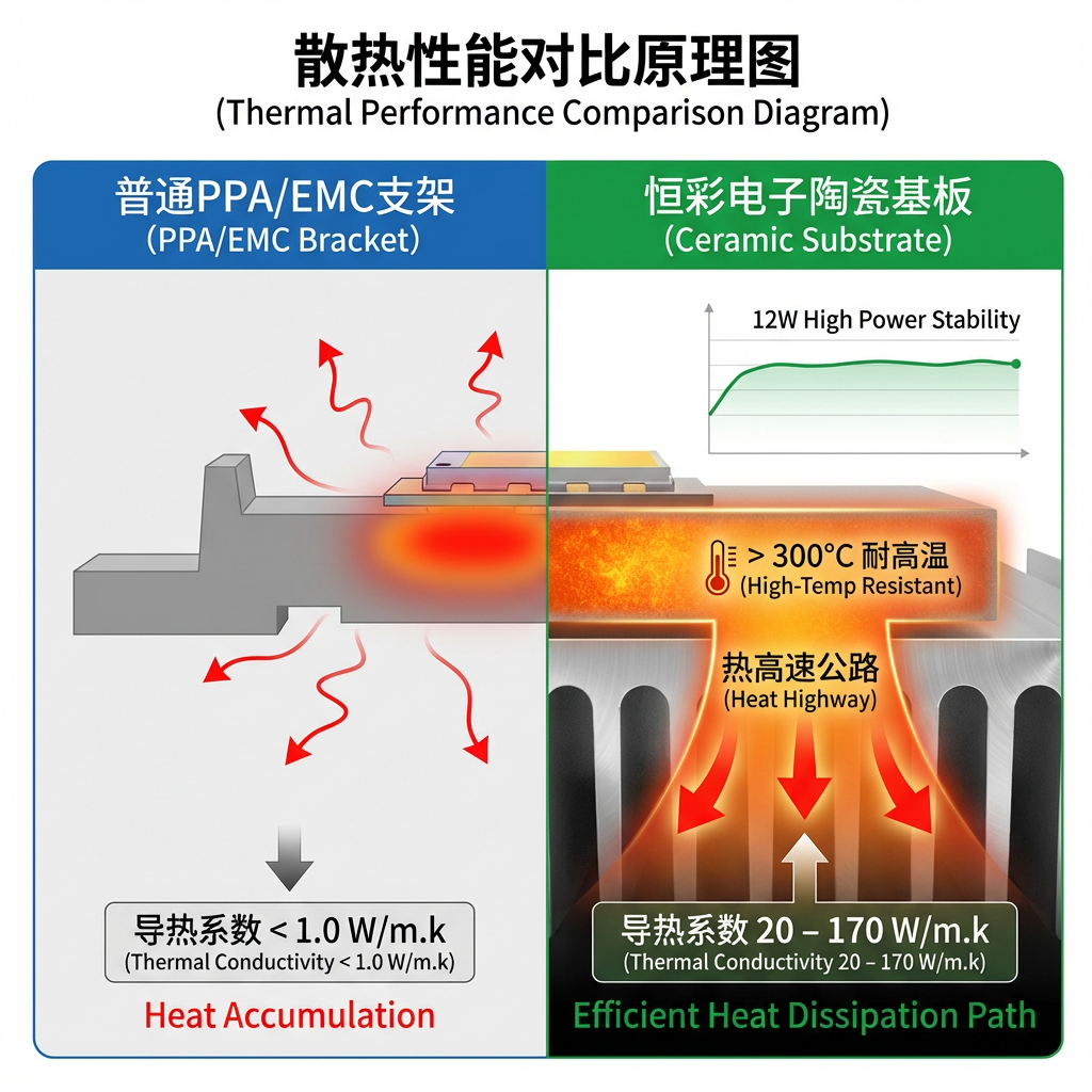陶瓷基板与普通PPA/EMC支架散热性能对比图。左侧PPA支架热量淤积，右侧陶瓷基板热量迅速传导。