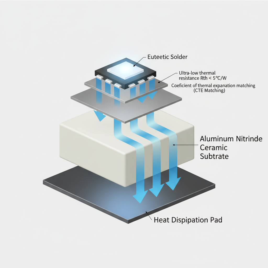 3535氮化铝灯珠精密3D剖面结构分解图,展示芯片、共晶焊接层、氮化铝陶瓷基板及散热焊盘,发光箭头指示热流顺畅通过基板,标注‘极低热阻 Rth < 5℃/W’和‘热膨胀系数匹配’