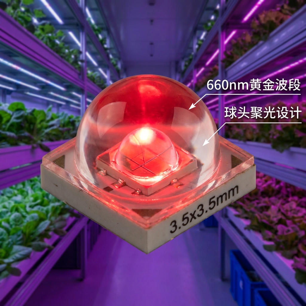 3535球头红光LED灯珠高清特写，展示透明半球形透镜结构与3.5x3.5mm精密尺寸。灯珠发出深红色660nm光芒，背景为模糊的现代化植物工厂。侧面标注‘660nm黄金波段’与‘球头聚光设计’。