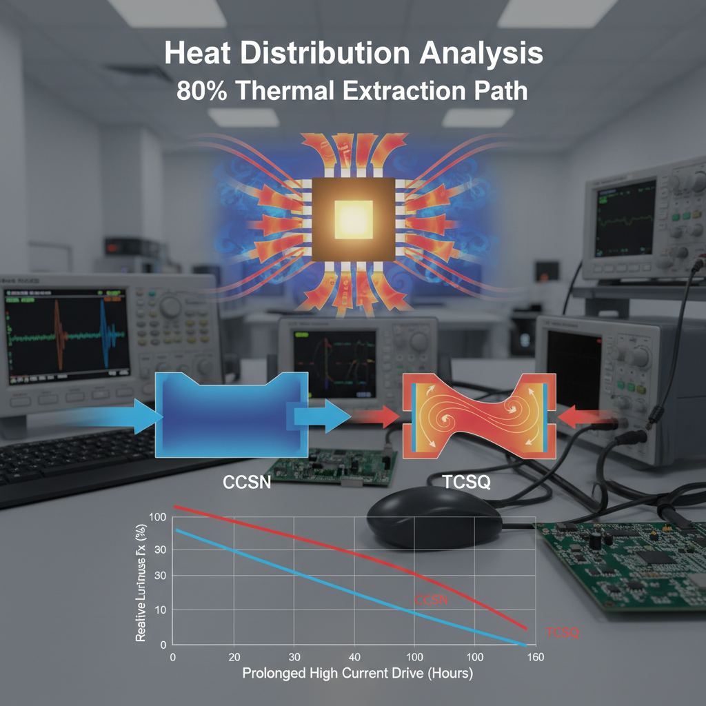 LED散热性能视觉化分析图,通过红外热成像对比CCSN与TCSQ的散热路径,展现CCSN的低热阻优势。