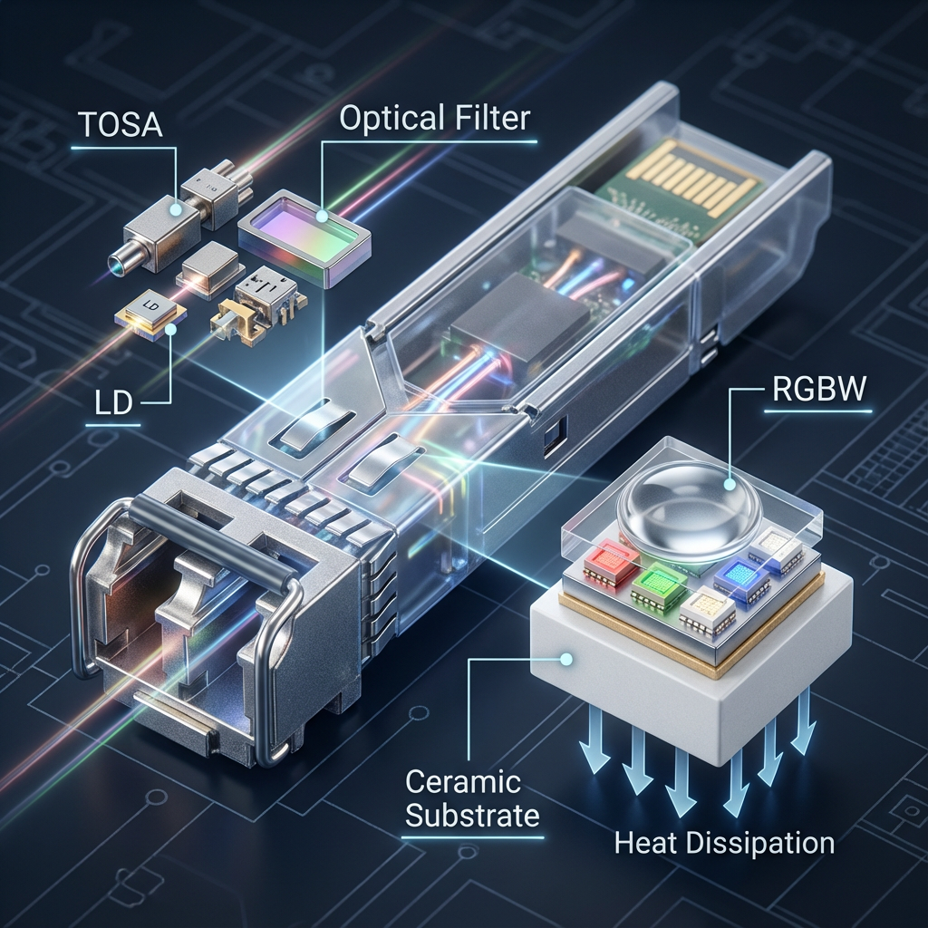 彩光模块内部构造3D拆解图，展示通信TOSA组件与LED封装技术：半透明SFP+光模块内含激光二极管（LD）和特定波长滤光片；旁为恒彩电子陶瓷基板LED芯片，强调其陶瓷散热基板和RGBW晶片，体现精密光学与散热设计。