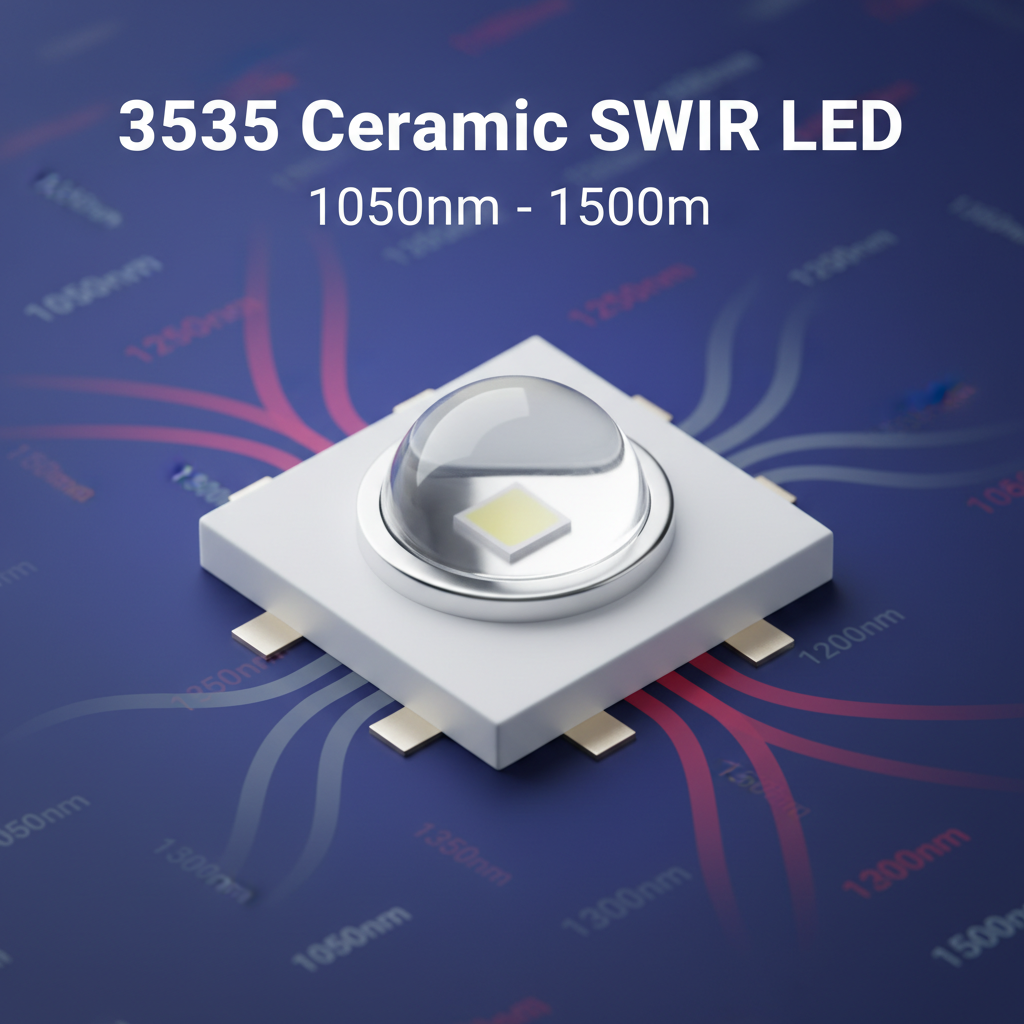 3535陶瓷红外LED的特写3D渲染图，展示3.5mm x 3.5mm的紧凑尺寸和白色陶瓷基板。顶部为透明硅胶透镜，背景点缀1050nm-1500nm的波长数值，光线以不可见的红外波纹形式向外发散，强调高功率短波红外（SWIR）的专业感。