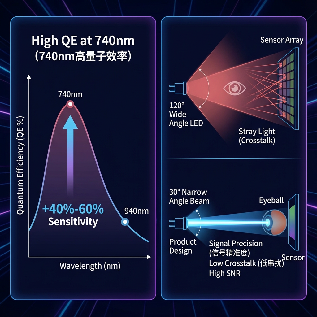VR/AR设备为什么选择740nm波长和30度窄角设计的信息图,对比展示740nm在CMOS传感器上的高量子效率,以及30度窄角光束如何实现精准信号和低串扰。