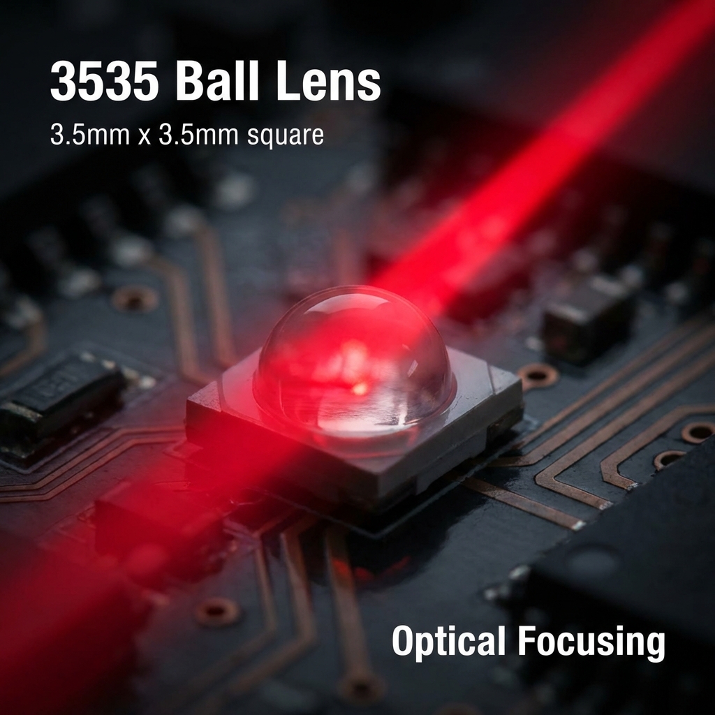 3535球头红光LED灯珠微距特写，展示3.5mm x 3.5mm标准尺寸与半球形硅胶透镜，发出指向性深红光束，强调光学聚焦特性。