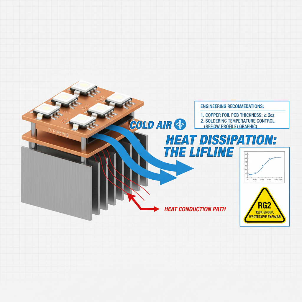 针对工程师的散热与工程安装示意图，展示5050陶瓷LED焊接在热电分离铜基板上连接散热器的场景，并给出工程建议和安全警告。