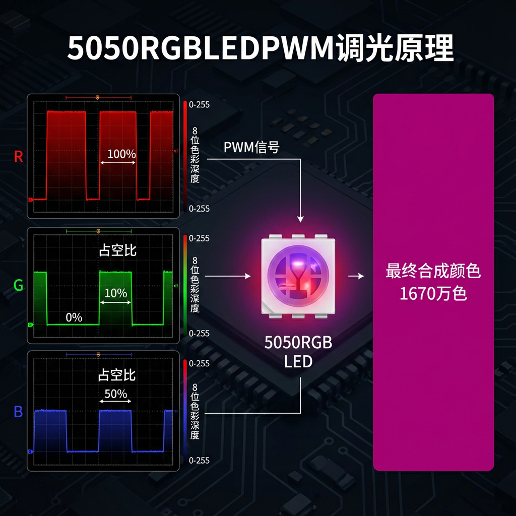 高级技术插图展示5050RGB灯珠PWM调光原理,包括红绿蓝通道的波形、占空比、8位色彩深度等标注,直观解释了通过不同亮度组合生成1670万色的逻辑。