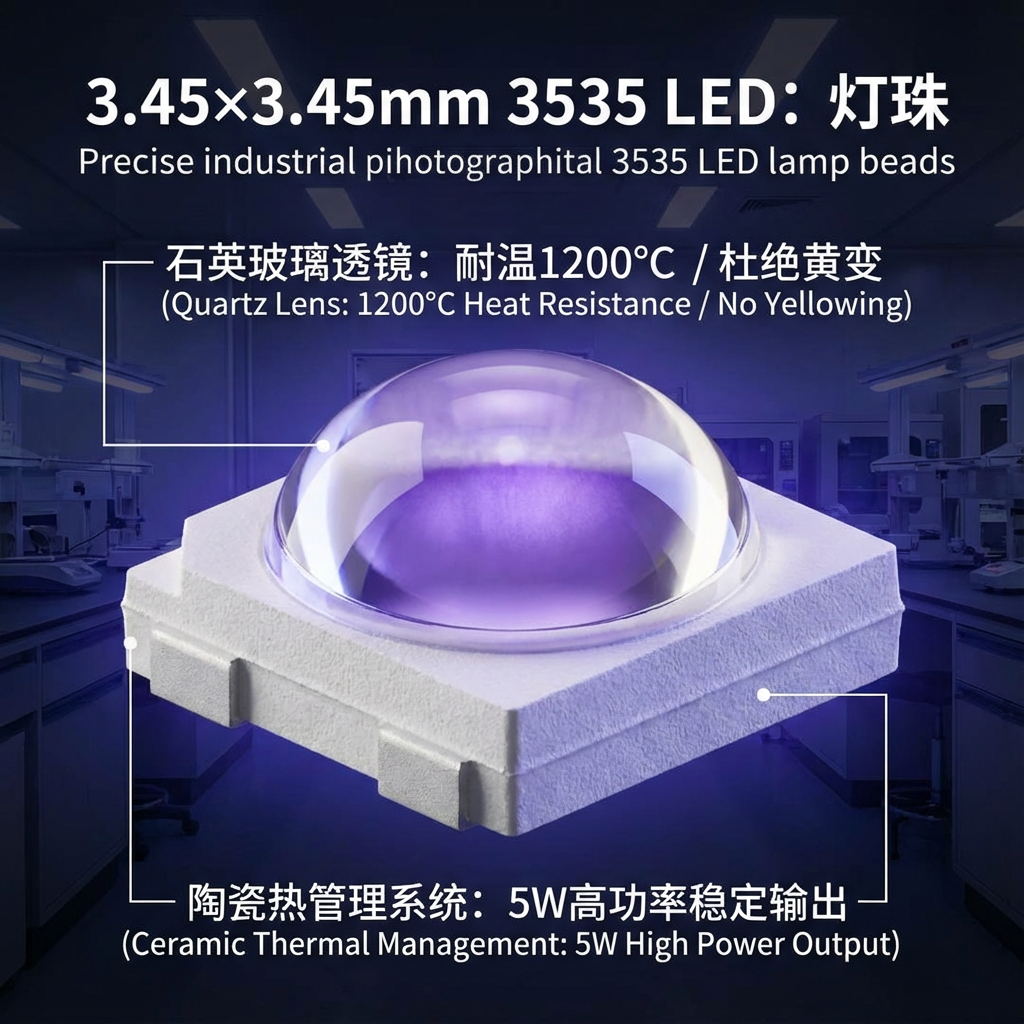 恒彩3535紫光365nm灯珠核心构造图：石英玻璃透镜与陶瓷基板