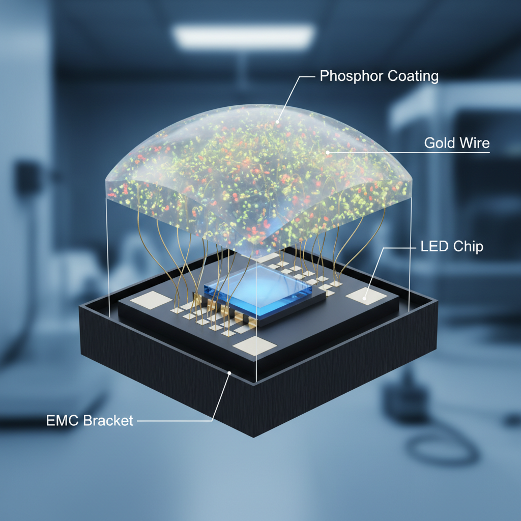 3D工业剖面图，展示一颗SMD3030 LED灯珠的内部结构，包括高耐热EMC支架、微小LED芯片、99.99%纯金线连接以及顶部覆盖混合荧光粉的光学硅胶，突出精密封装和材料细节。