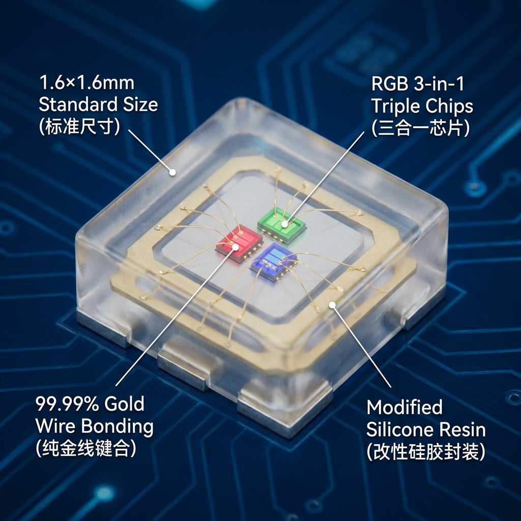 一张高清的3D微距渲染图，深入展示0606RGB灯珠的内部精密结构。图像中心是一颗1.6mm x 1.6mm的正方形SMD LED，采用透明改性硅胶封装。透过半透明的胶体，可以清晰看到内部三颗微小的发光芯片（红、绿、蓝）呈三角形（品字形）紧凑排列，这种排列方式旨在优化混光均匀度。细如发丝的99.99%纯金线精准地将芯片连接到下方的引脚框架上。灯珠底部露出四个金属引脚（共阳极设计）。背景为深蓝色的科技感电路板，带有微弱的光晕效果。图像中包含以下文字标注：1.6x1.6mm Standard Size (标准尺寸), RGB 3-in-1 Triple Chips (三合一芯片), 99.99% Gold Wire Bonding (纯金线键合), Modified Silicone Resin (改性硅胶封装)。