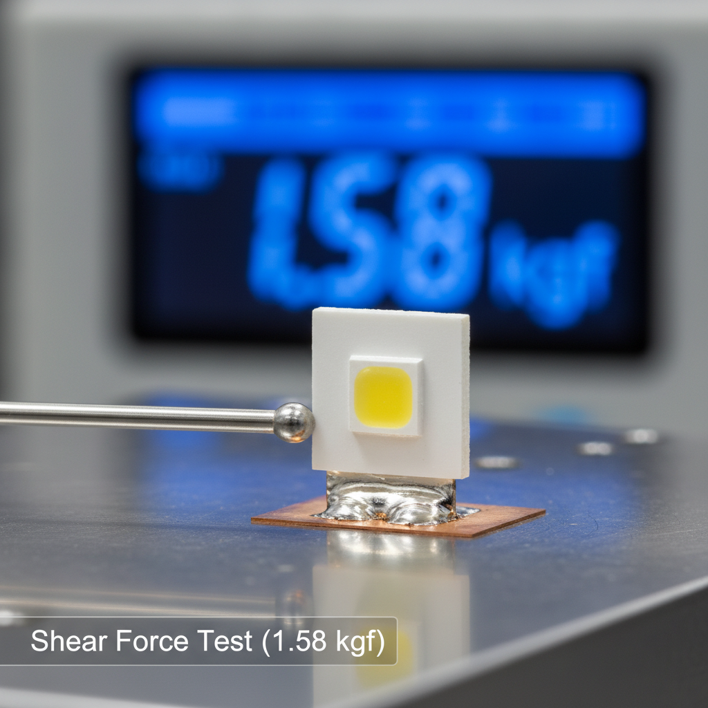 剪切强度测试 (Shear Force Test: 1.58 kgf) 的工业微距摄影图，展示一颗 3030 LED 灯珠在精密推拉力计上进行测试，数字屏幕显示1.58 kgf，强调焊盘的牢固性。