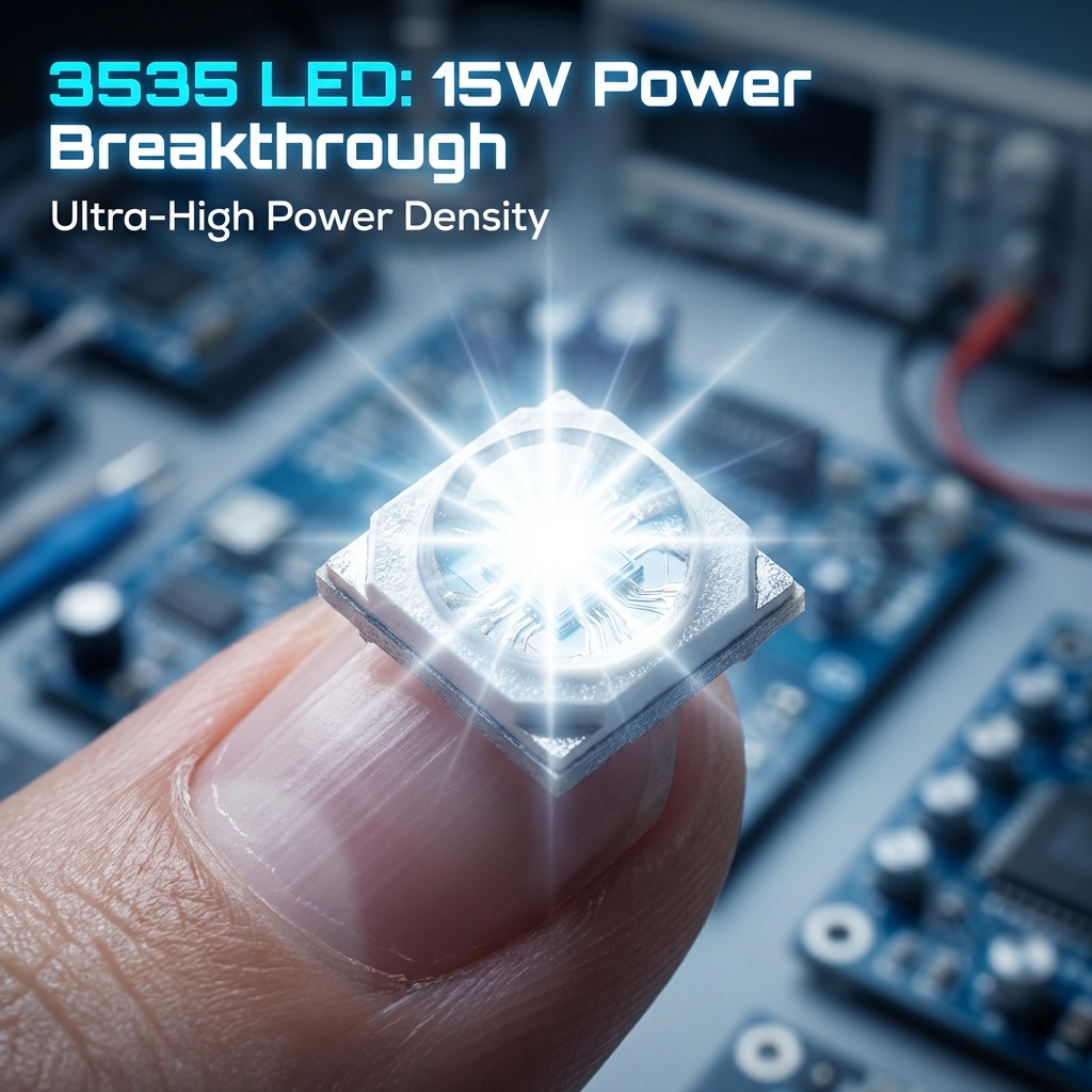一张极具科技感的特写图,指甲盖上的3535 LED灯珠发出耀眼白光,背景是虚化的实验室电子元件。图片上标注着“3535 LED: 15W Power Breakthrough”和“Ultra-High Power Density”,强调其超高功率密度。