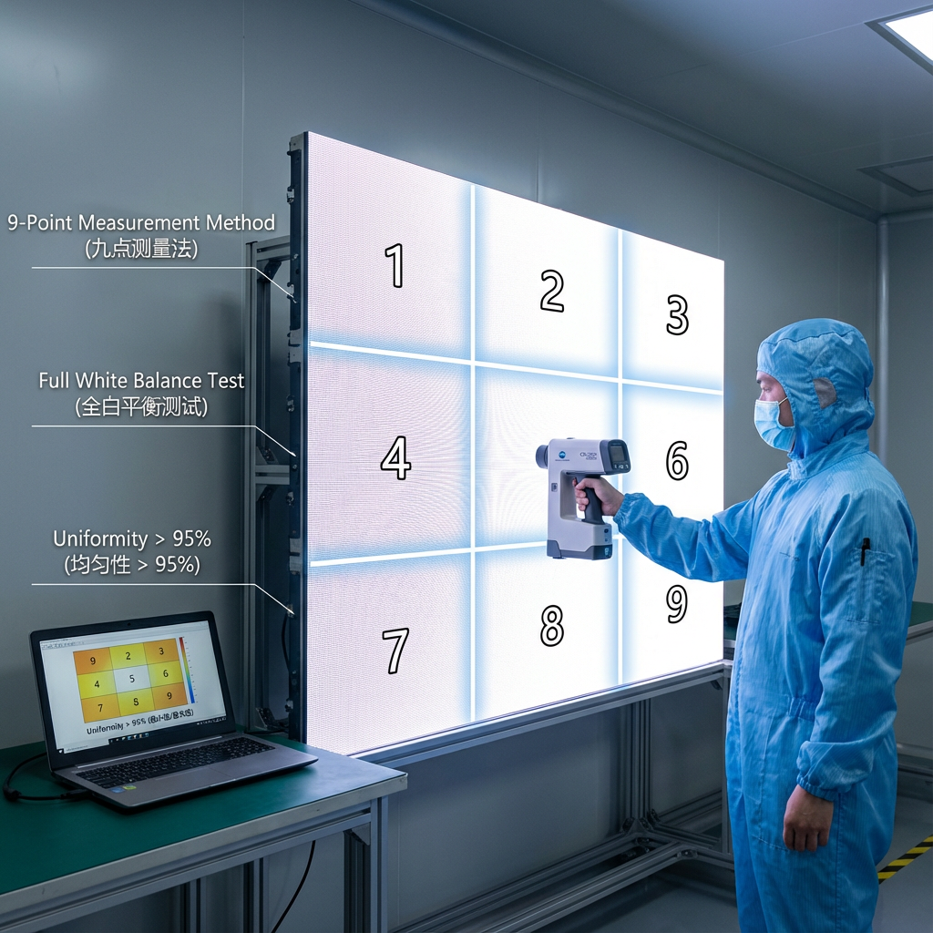LED显示屏九点测量法实操演示:专业亮度计测试全白平衡屏幕,确保亮度均匀性