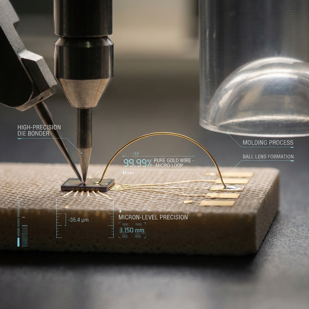 微观视角下的封装工艺流程图。画面包含高精度固晶机放置芯片、99.99%纯金线键合产生的优美弧度，以及模造成型工艺（Molding）生成的完美球头透镜。展示陶瓷支架的高散热质感，体现微米级制造精度。