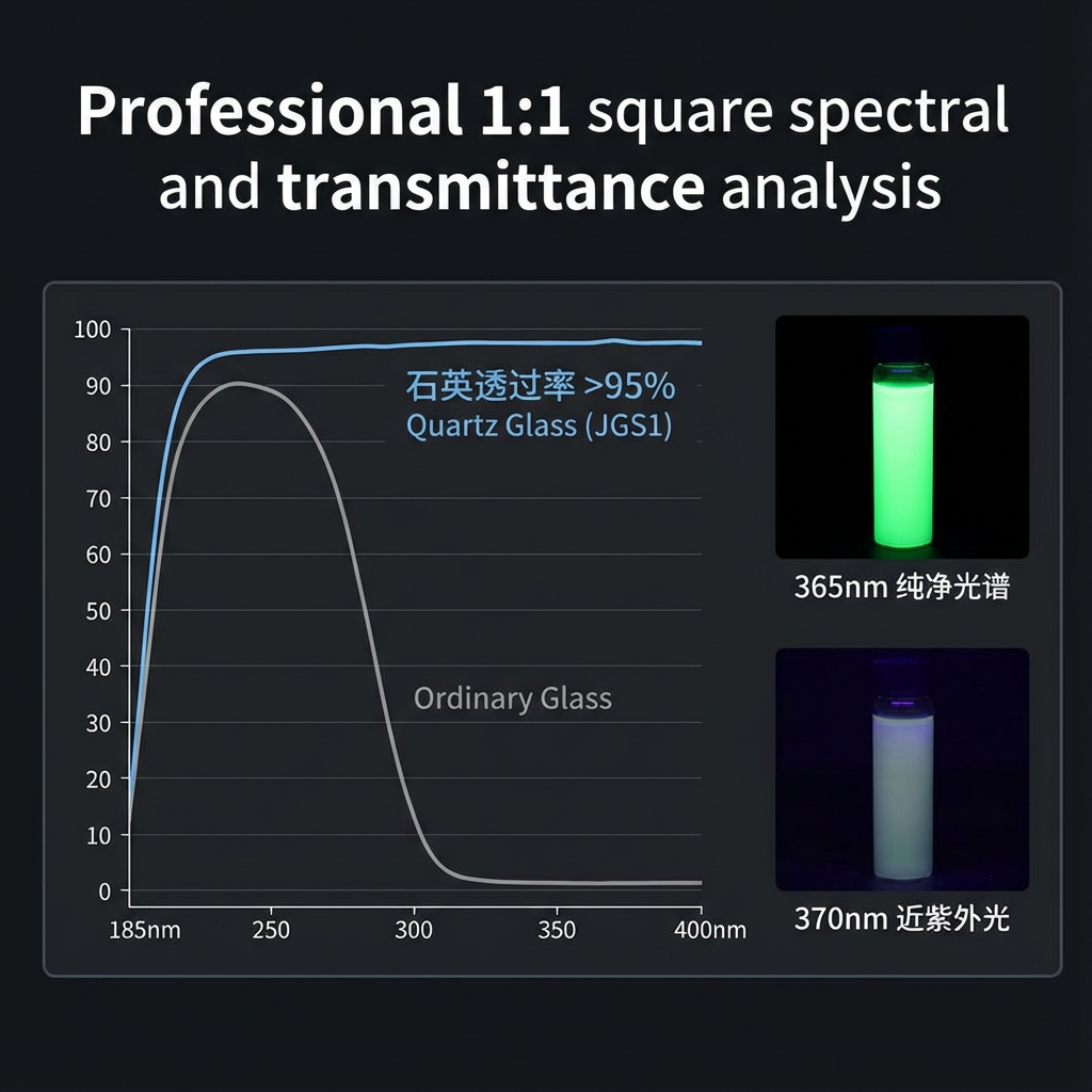 光谱透过率对比图，显示石英玻璃在深紫外波段（185nm-400nm）的高透过率曲线，以及365nm纯紫外光在荧光反应中的高对比度表现。