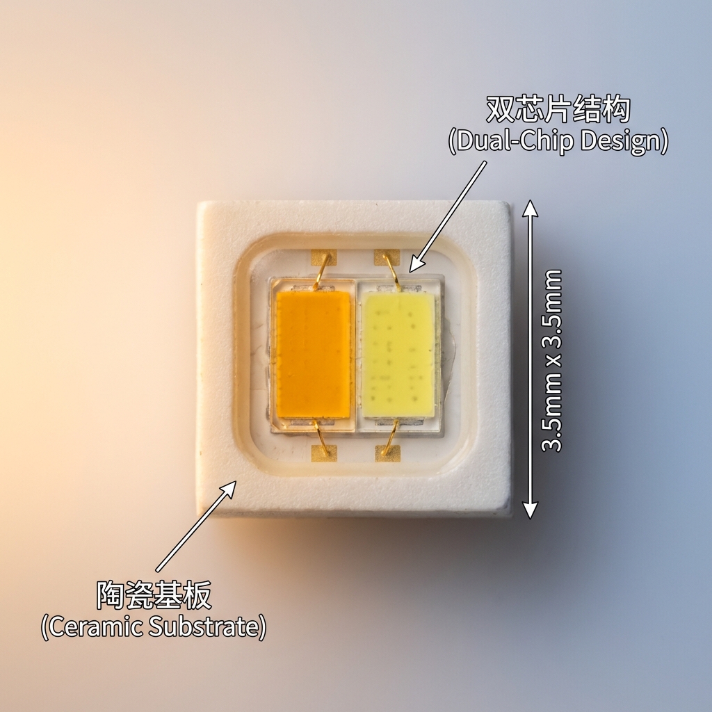 3535陶瓷双色温LED灯珠特写，展示陶瓷基板、双芯片结构及3.5mm x 3.5mm尺寸。