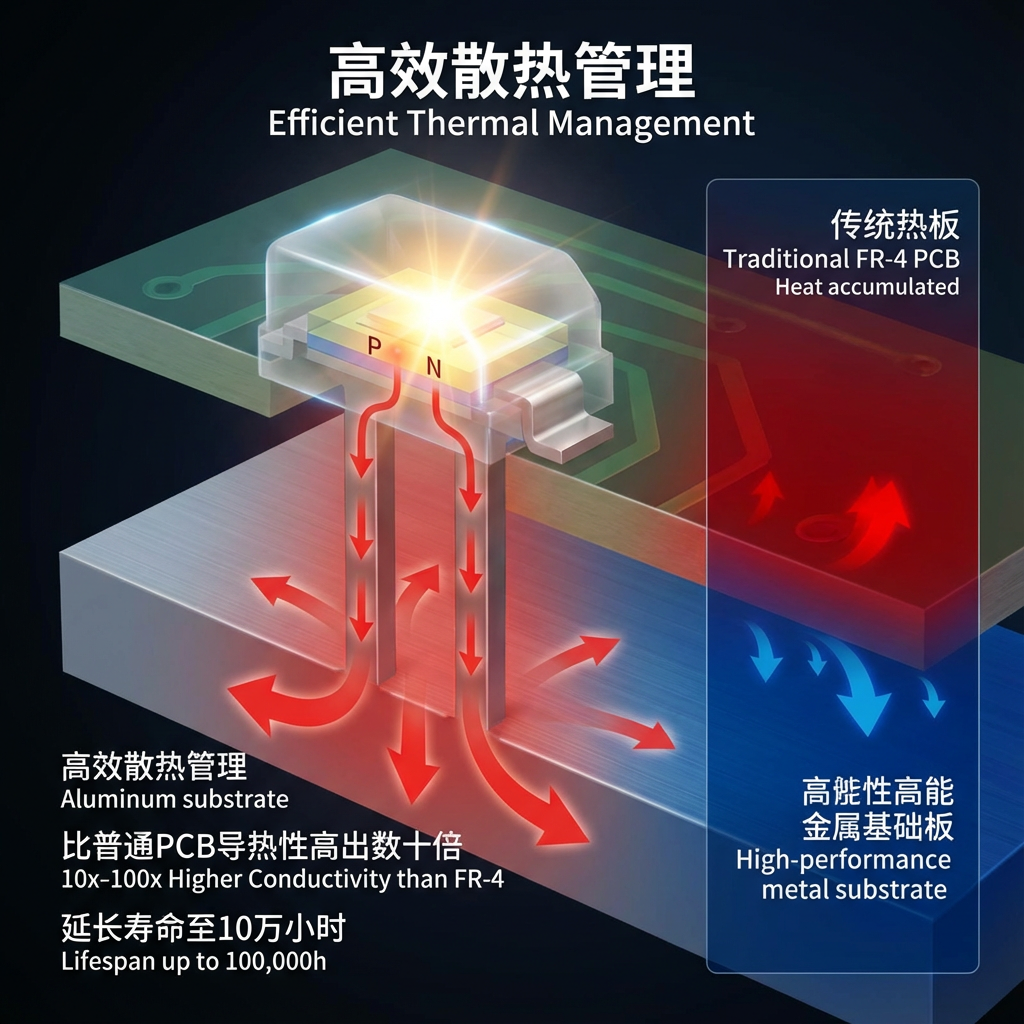 基板DIPLED高效散热原理图，展示热量从LED芯片通过高性能基板快速散发，对比传统PCB散热劣势