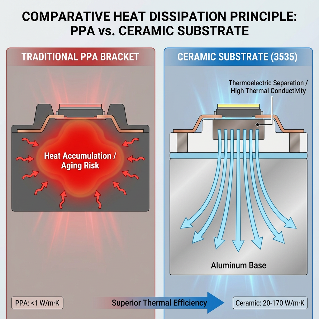 技术原理示意图，对比传统PPA支架与陶瓷基板在散热方面的差异，直观展示陶瓷基板通过热电分离技术实现高效散热，解决热量堆积问题，提升产品寿命与性能。