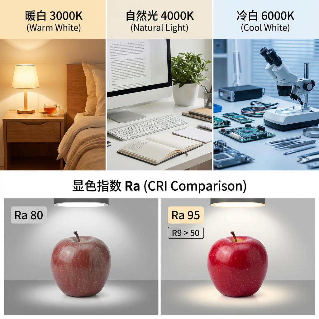 色温与显色指数对比图：展示3000K、4000K、6000K灯光下的不同场景，以及Ra 80和Ra 95（高R9）下红色苹果的色彩差异。