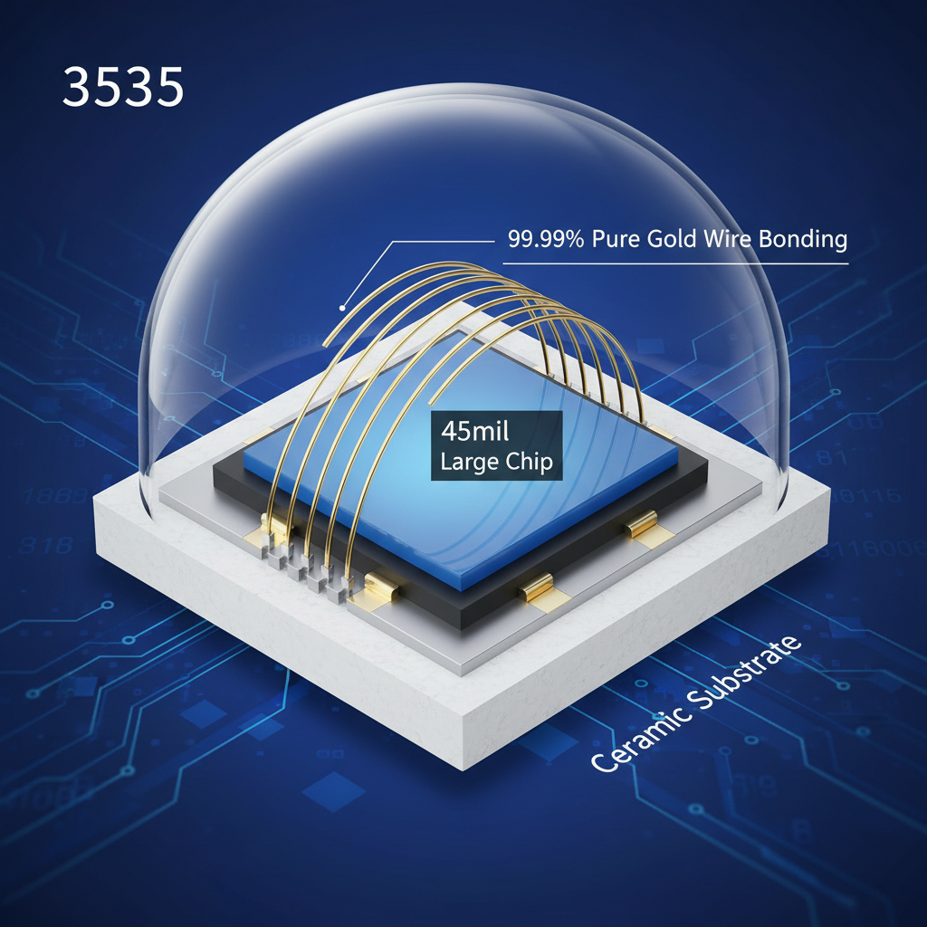 3535 LED 灯珠的 3D 剖面结构图，展示45mil大尺寸芯片、99.99%纯金线键合及陶瓷基板