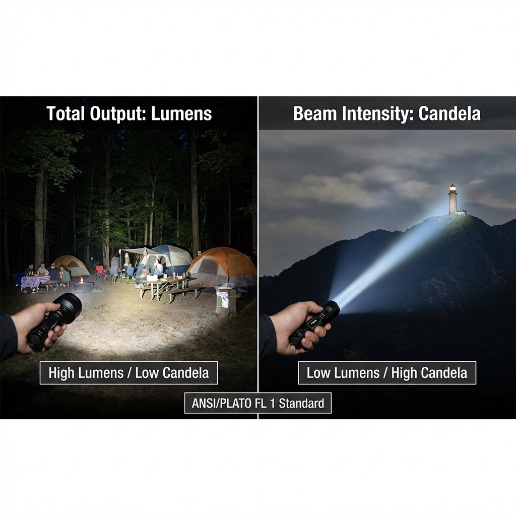流明（Lumens）与坎德拉（Candela）的区别：泛光手电（高流明/低坎德拉）和聚光手电（低流明/高坎德拉）的照明效果对比