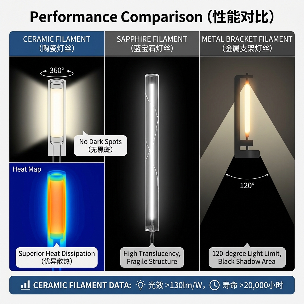 陶瓷、蓝宝石、金属支架灯丝性能对比图，展示陶瓷灯丝的均匀发光、优异散热及无黑斑等优势。