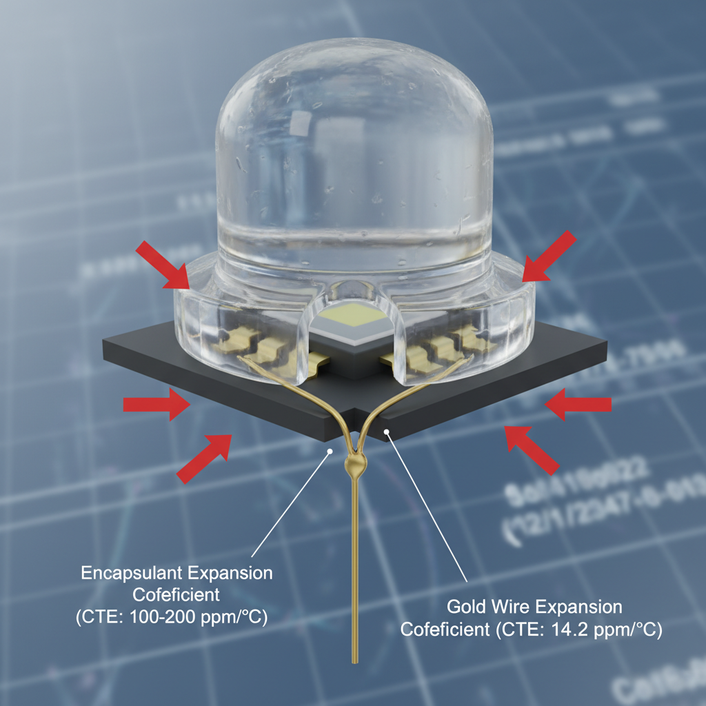 LED灯珠剖面图展示封装胶热膨胀导致金线焊点断裂的“拔河效应”