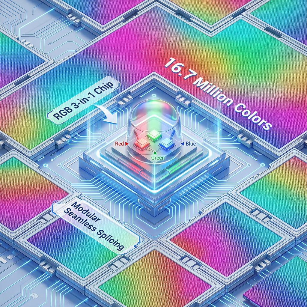 三色全彩LED模块核心概念图：展示RGB三基色像素点、1670万色表现力及模块无缝拼接特性