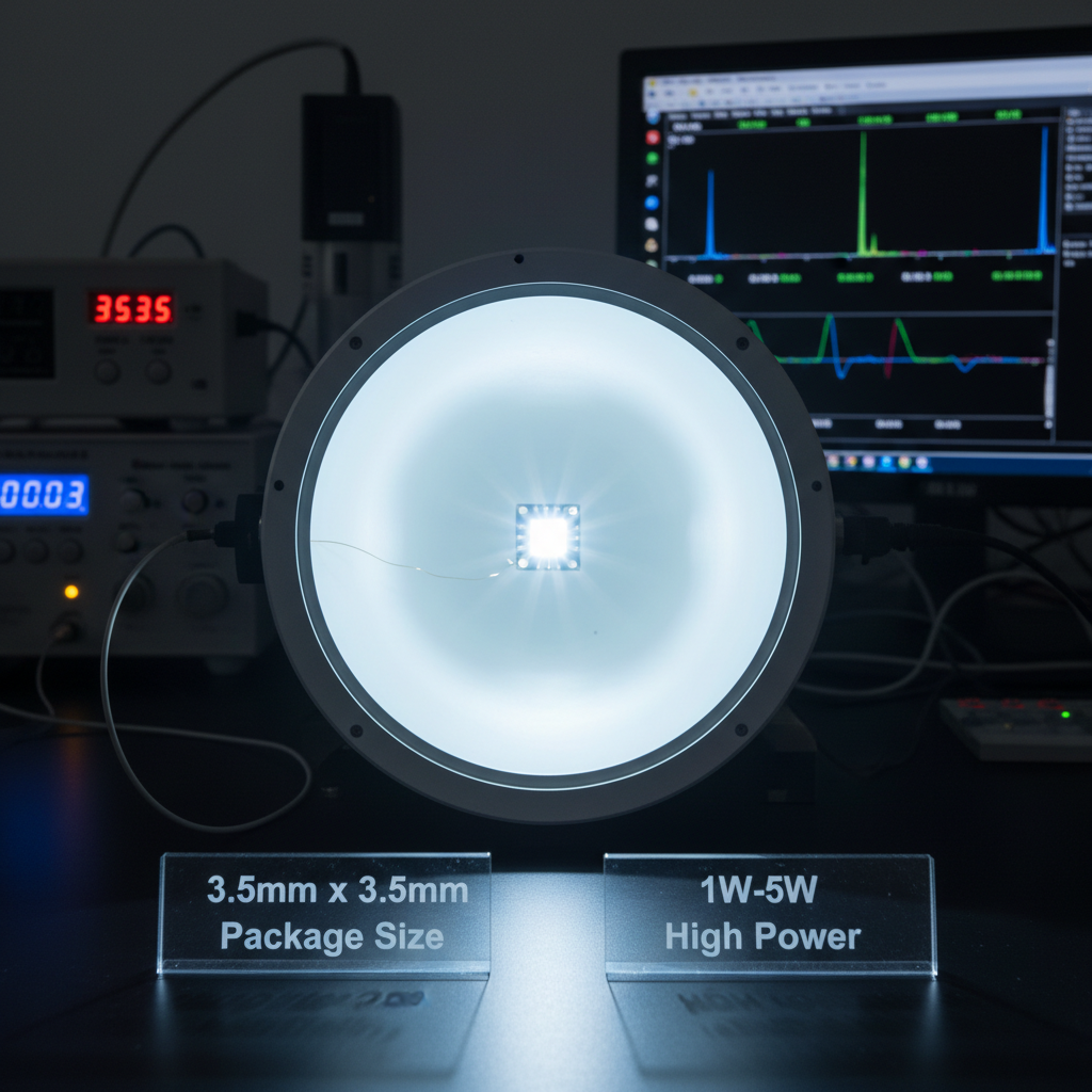 一颗 3.5mm x 3.5mm 的 3535 LED 灯珠在积分球中被点亮，展示其1W-5W的大功率特性
