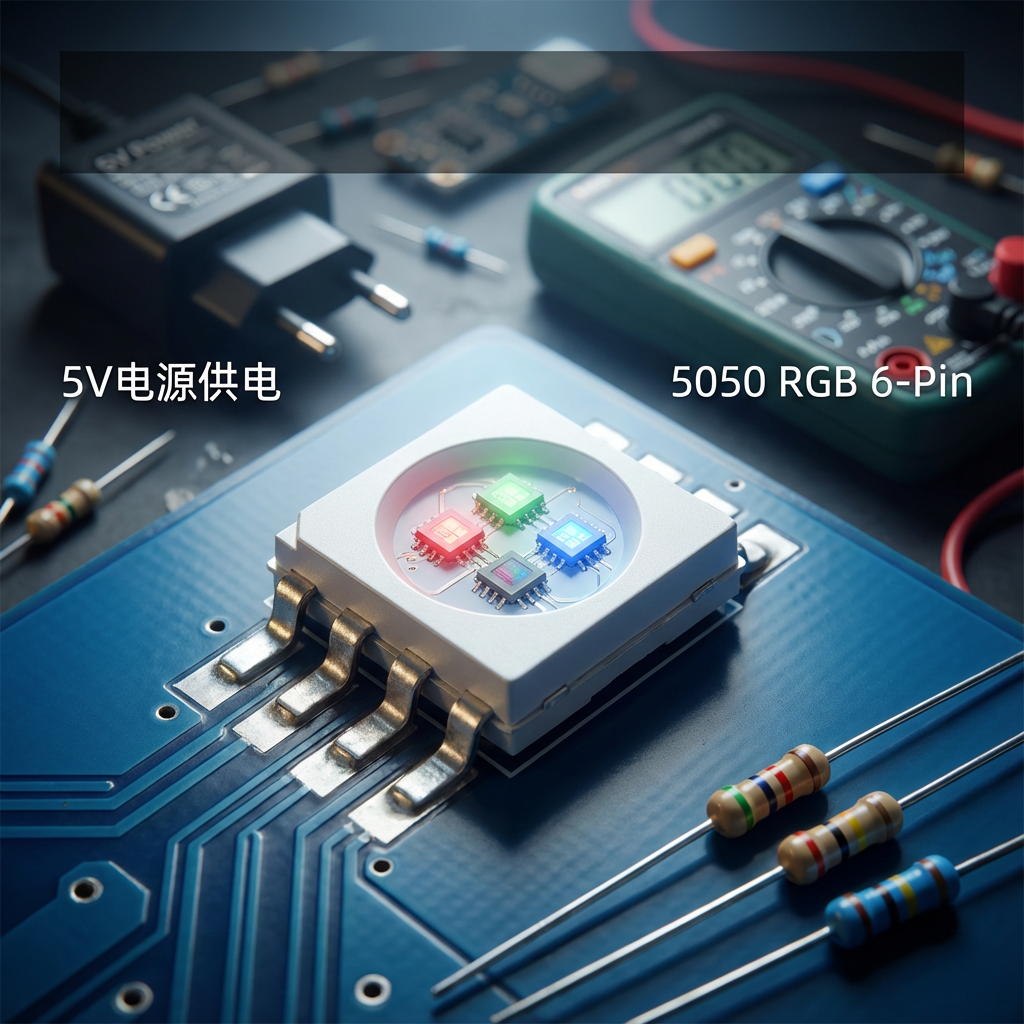 5V电源供电5050 RGB 6脚LED灯珠及其工作台，展现其电子元件和供电方式。