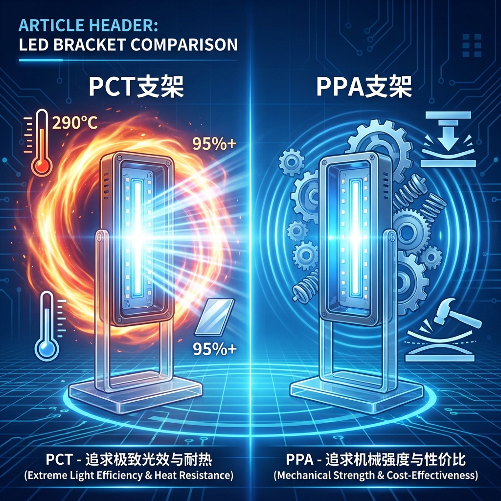 PCT与PPA支架性能对比图，PCT耐高温高反射，PPA高机械强度耐冲击