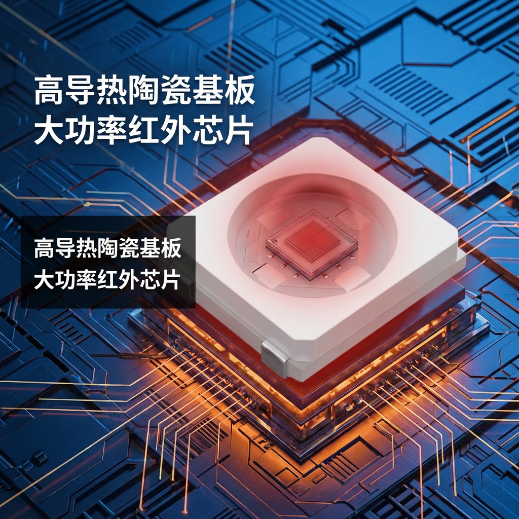 红外陶瓷LED灯珠特写，展示高导热陶瓷基板和发光红外芯片，背景为科技电路纹理。