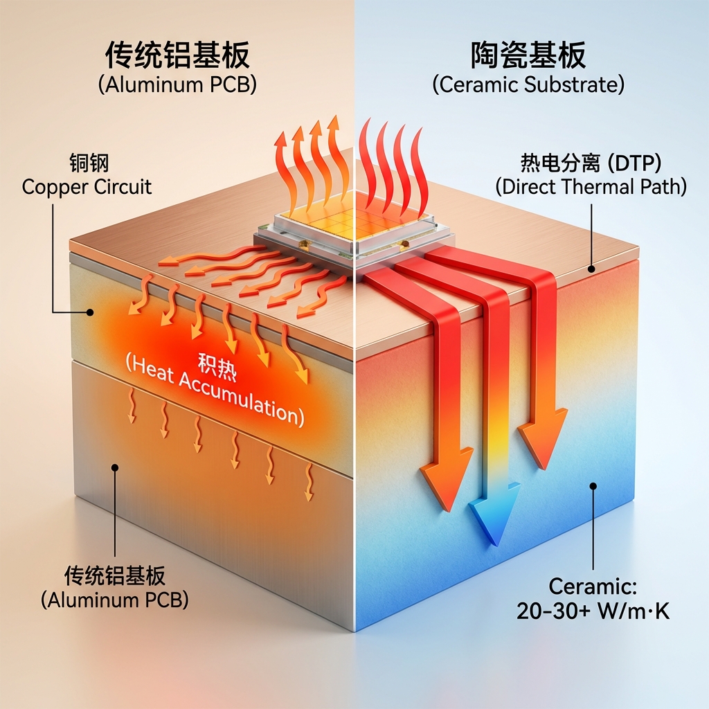 3D剖面图对比陶瓷基板与铝基板的热管理差异，展示热量在传统铝基板绝缘层受阻与在陶瓷基板中直接传导，并标注热导率数值。