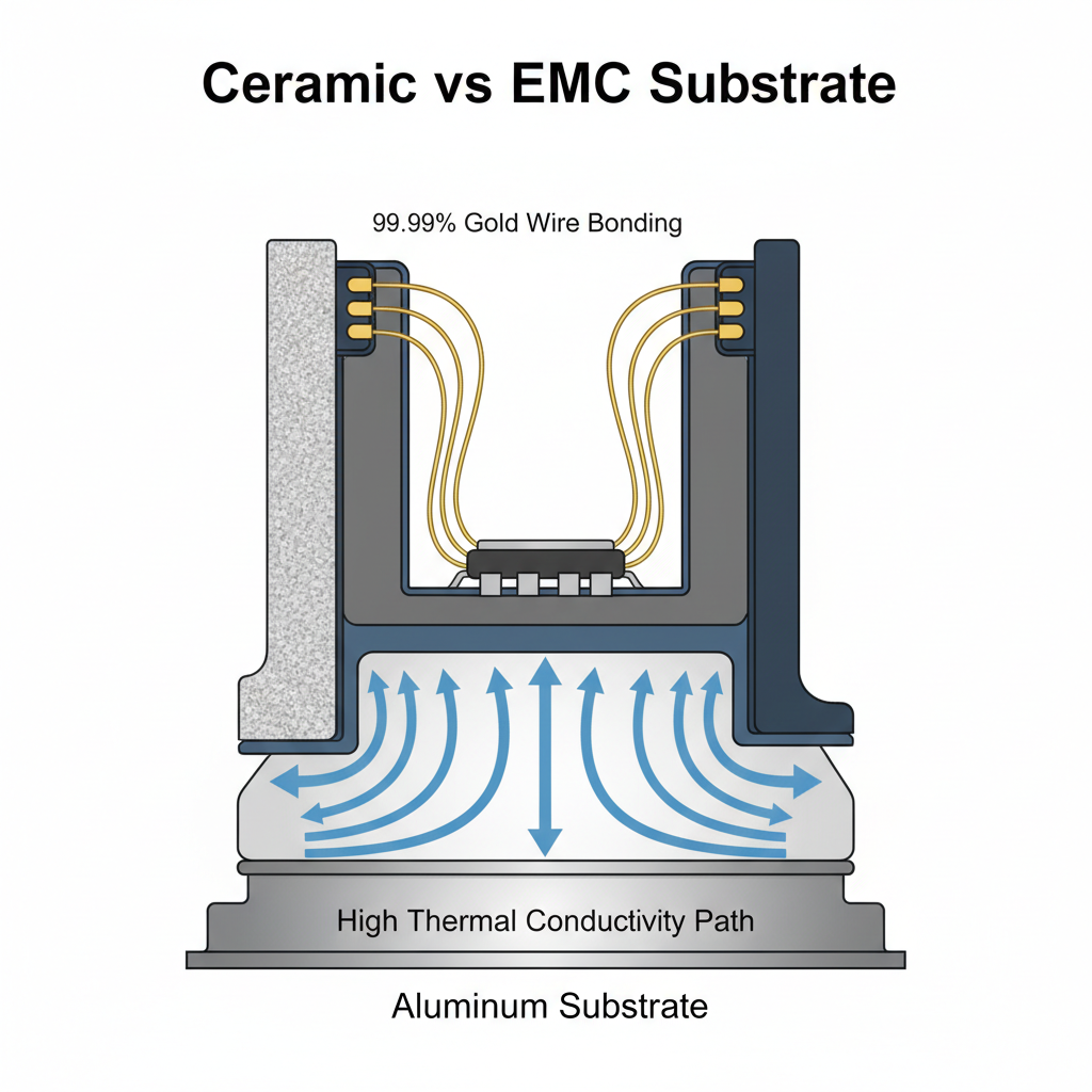 封装结构与材料工艺剖视图：展示3535 RGB灯珠内部，对比陶瓷基板与EMC支架，突出金线键合工艺和底部的散热路径。