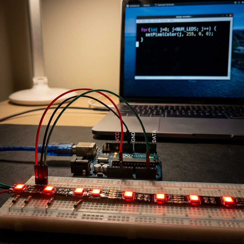 灯带编程控制系统硬件架构图，展示嵌入式控制器（如Arduino）如何通过接线连接可编程灯带，并显示笔记本电脑屏幕上用于实现“逐个点亮”效果的C语言代码片段。