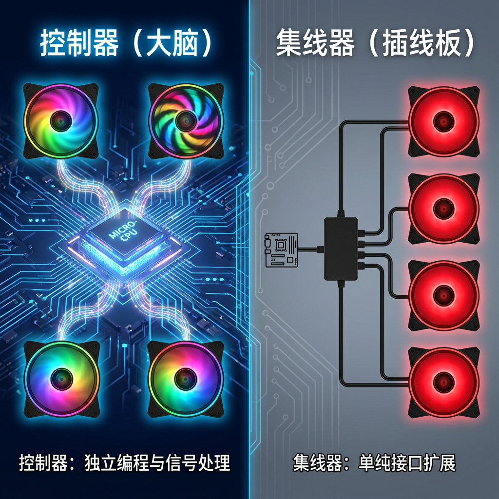 这是一张功能对比概念图，直观展现‘ARGB控制器’与‘ARGB集线器’的本质区别。画面分为左右两个半区：左区代表‘控制器（大脑）’，内部描绘了一个微型处理器芯片，正在处理复杂的灯光指令，能够让风扇显示出流光、跑马灯等独立控制效果，标注文字：‘控制器：独立编程与信号处理’；右区代表‘集线器（插线板）’，结构简单，仅仅是将一个主板信号复制给多个风扇，所有风扇只能同步变色，标注文字：‘集线器：单纯接口扩展’。背景使用简洁的电路板纹理，对比感强烈，让读者一眼就能根据‘智能程度’和‘应用场景’做出选购决策。
