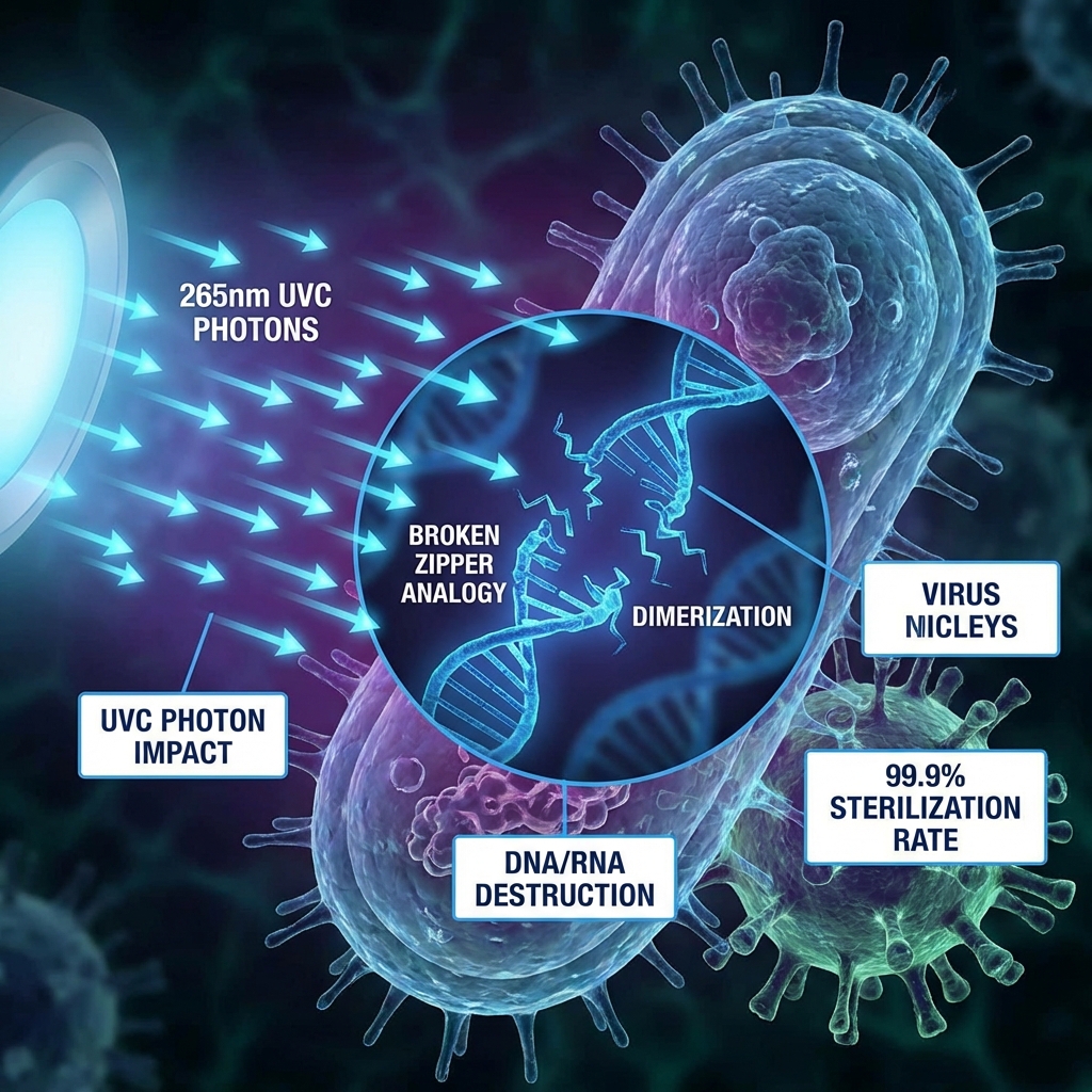 UVC杀菌机理示意图：265nm深紫外光子冲击病毒和细菌，穿透细胞壁破坏DNA双螺旋结构，导致微生物无法繁殖，杀菌率达99.9%。