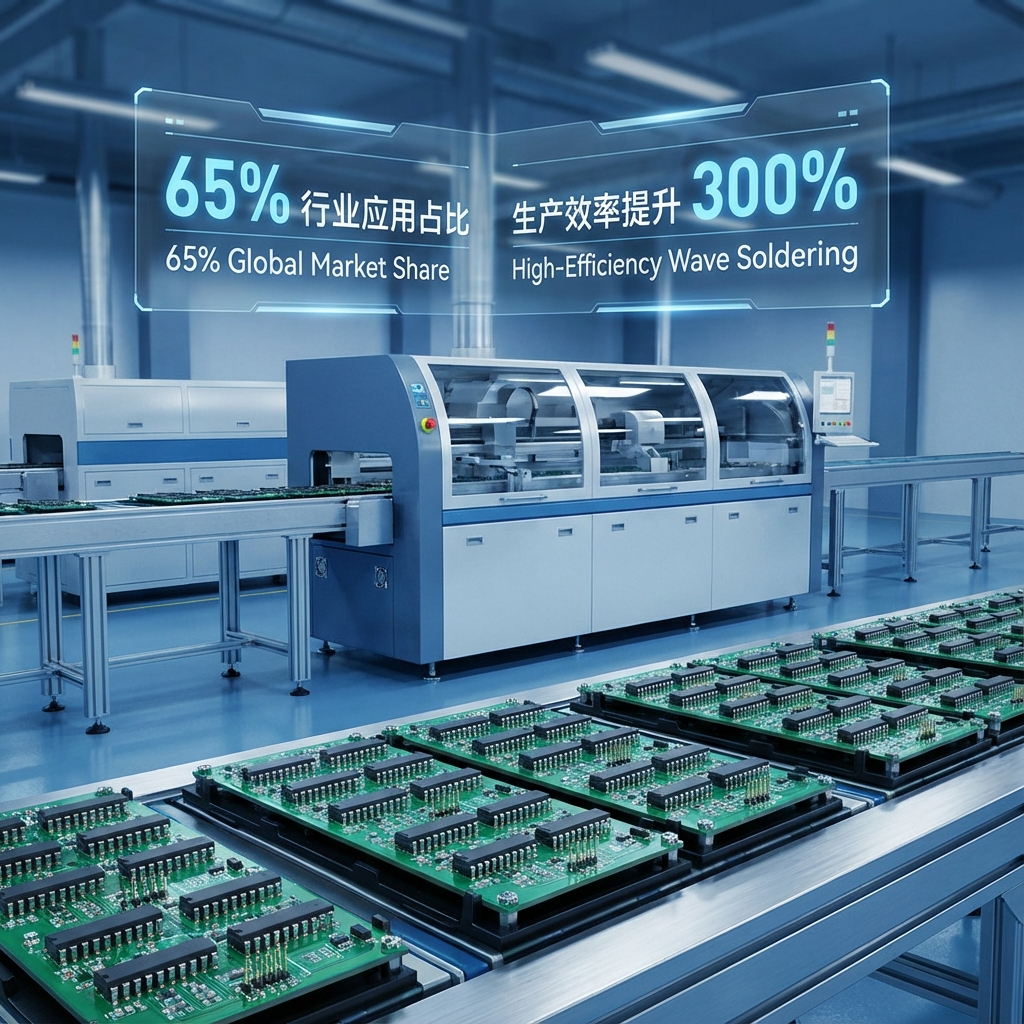 LED自动化生产车间展示高效波峰焊设备，数字化仪表盘显示65%行业应用占比和300%生产效率提升，背景采用工业蓝和金属银，凸显专业可靠。
