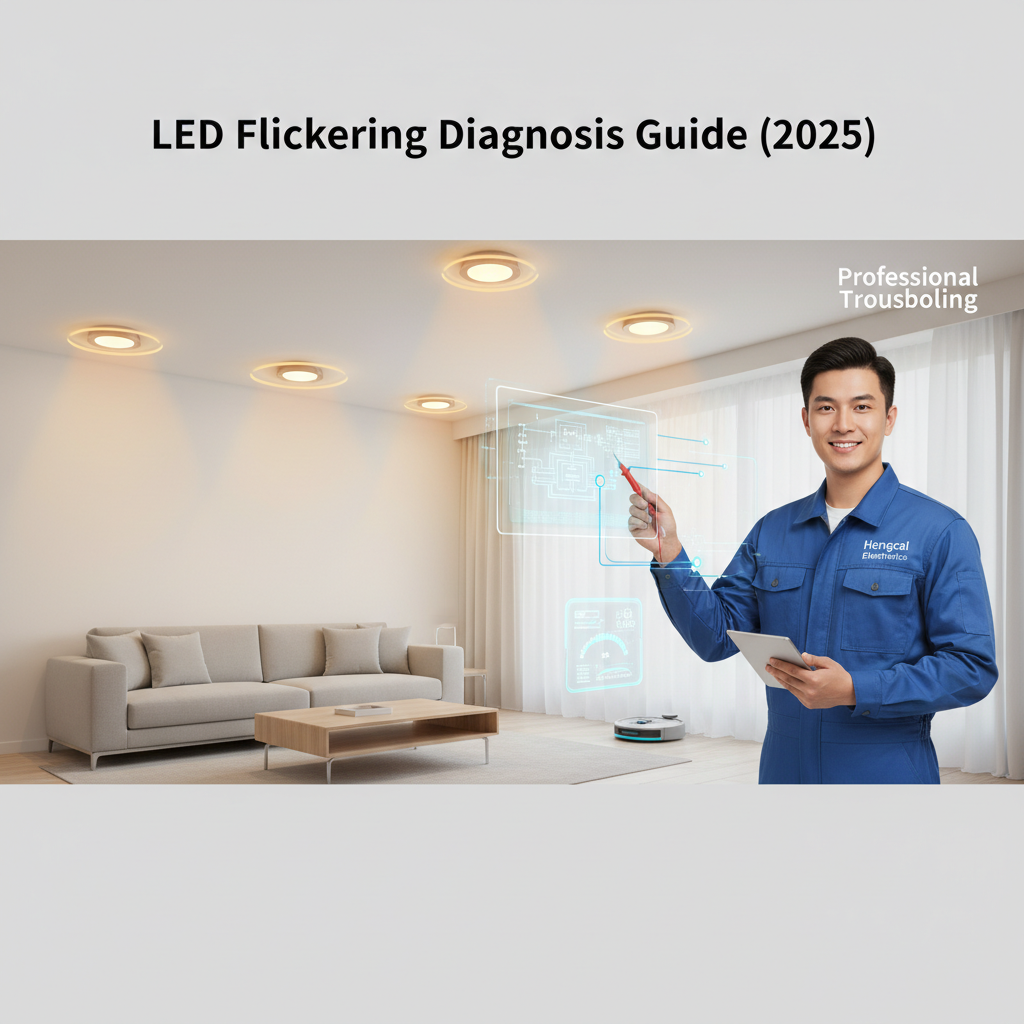 LED闪烁诊断指南2025 - 恒彩电子技术人员正在诊断家庭客厅中闪烁的LED筒灯