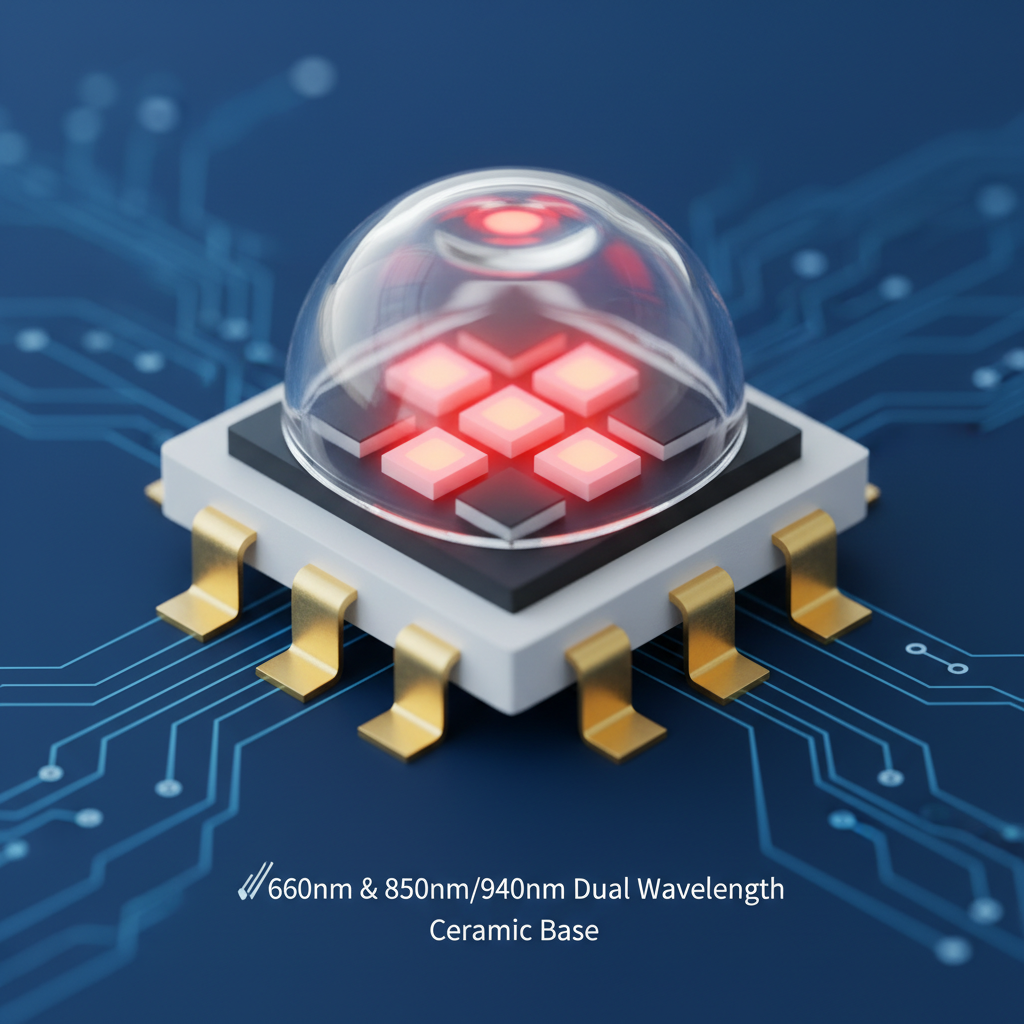 3535陶瓷红+红外双色LED灯珠的微距特写，展示陶瓷基板和双波段芯片，突出其精致的工业质感和科技感。