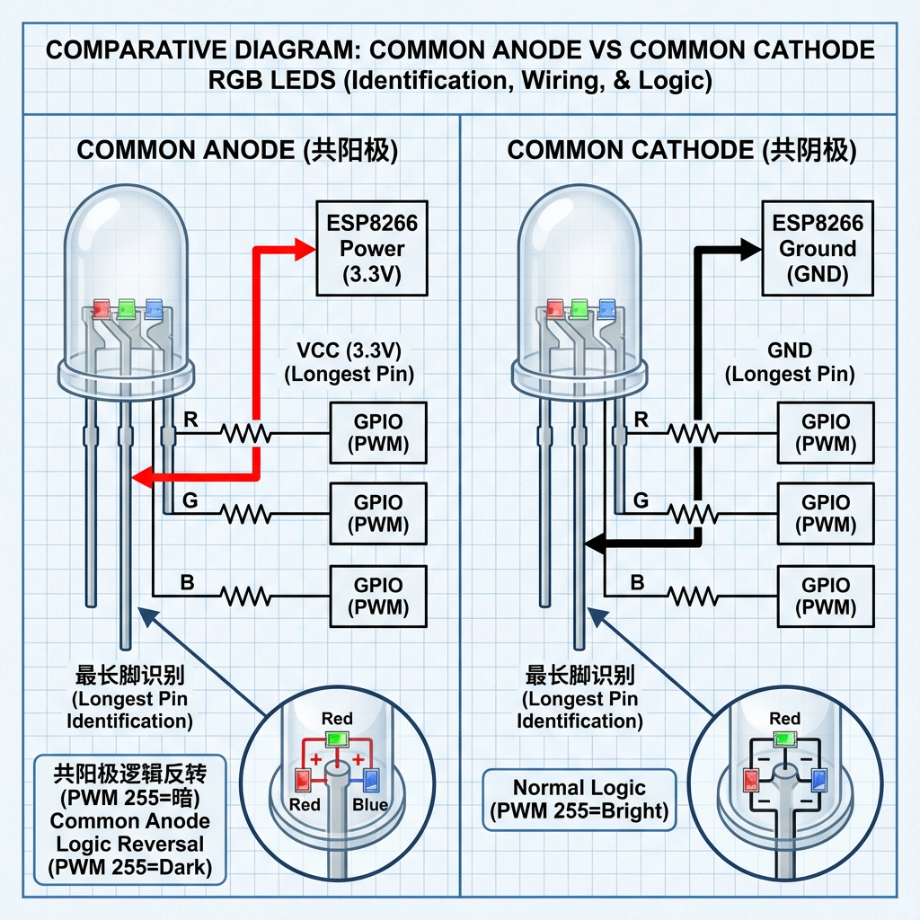 共阳极与共阴极RGB LED的识别与接线对比示意图,突出最长引脚和PWM逻辑差异,背景为工程坐标纸纹理。