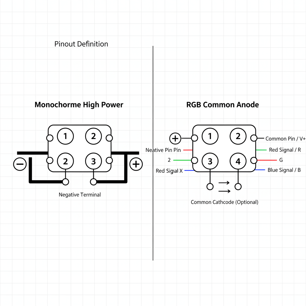 详细的4脚5050 LED引脚电气定义对比图表，左侧展示单色高功率型引脚逻辑（引脚1、2负极，3、4正极），右侧展示RGB共极型引脚逻辑（引脚1公共端，2、3、4分别为红、绿、蓝信号），采用扁平化工程制图风格。