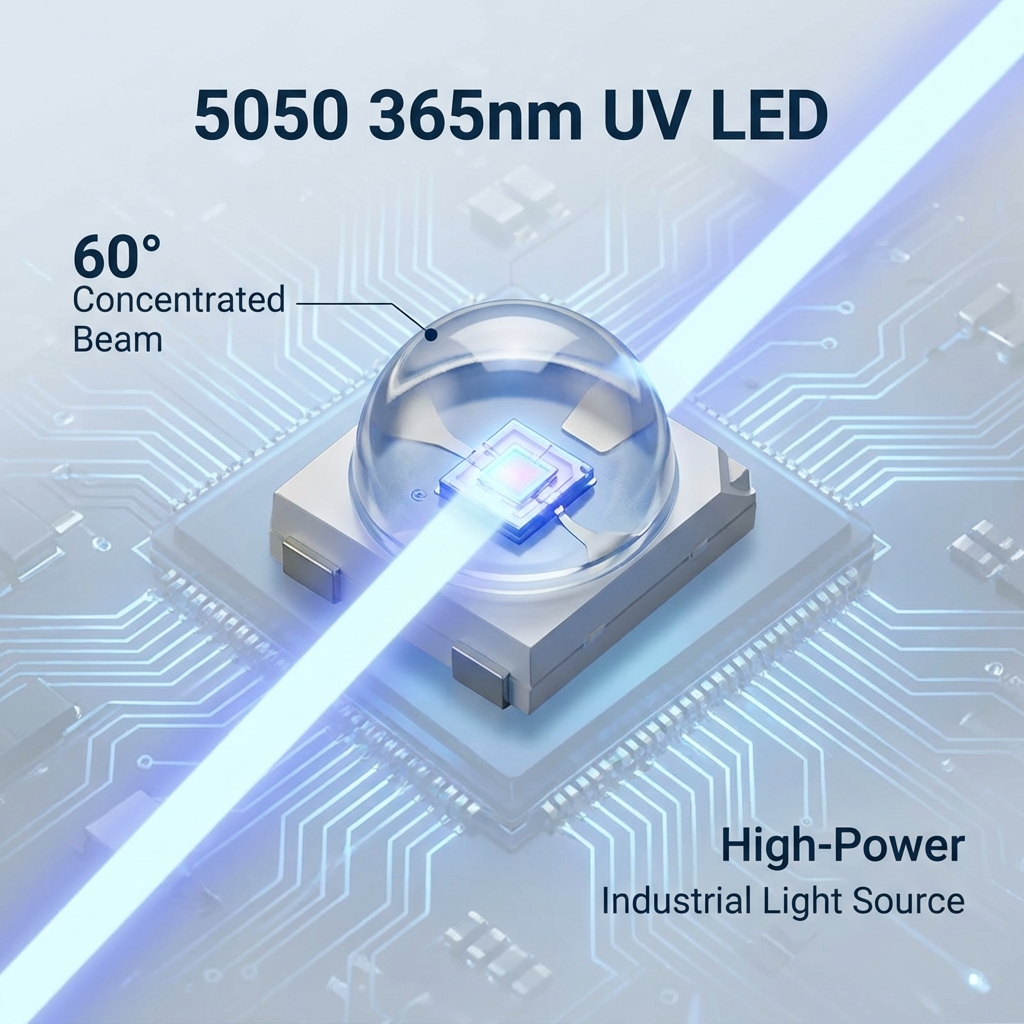 一张具有科技感的5050高亮365nm紫外线UV灯珠开篇概念图。画面中心是一颗5.0mm x 5.0mm的5050规格UV灯珠，微距视角展现其顶部的60度透明球形透镜，透镜内部清晰可见发光的紫外芯片。灯珠正向外发射出一束笔直、高度集中的浅蓝色微弱光束，犹如文中描述的“隐形光剑”。背景呈现半透明的工业电路板轮廓，并带有淡淡的蓝色科技光晕。图中配有简洁的文字标注：‘5050 365nm UV LED’、‘60°窄角能量高度集中’以及‘工业级大功率光源’。整体视觉风格干净、专业，体现高精密制造的氛围。