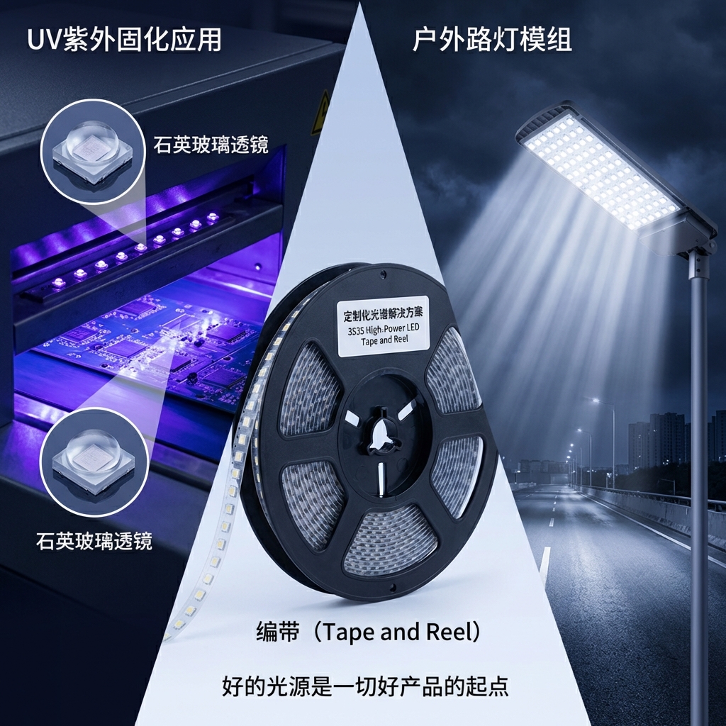 3535大功率LED在特种照明中的应用场景图。左侧展示3535 UV LED灯珠在紫外固化设备中发出紫色光芒，凸显石英玻璃透镜；右侧展示由3535灯珠组成的路灯模组在夜间投射强大照明，展现户外路灯应用；中间穿插灯珠编带卷盘，强调工业化生产的精准性，整体突出“UV紫外固化应用”、“户外路灯模组”和“定制化光谱解决方案”等特性。