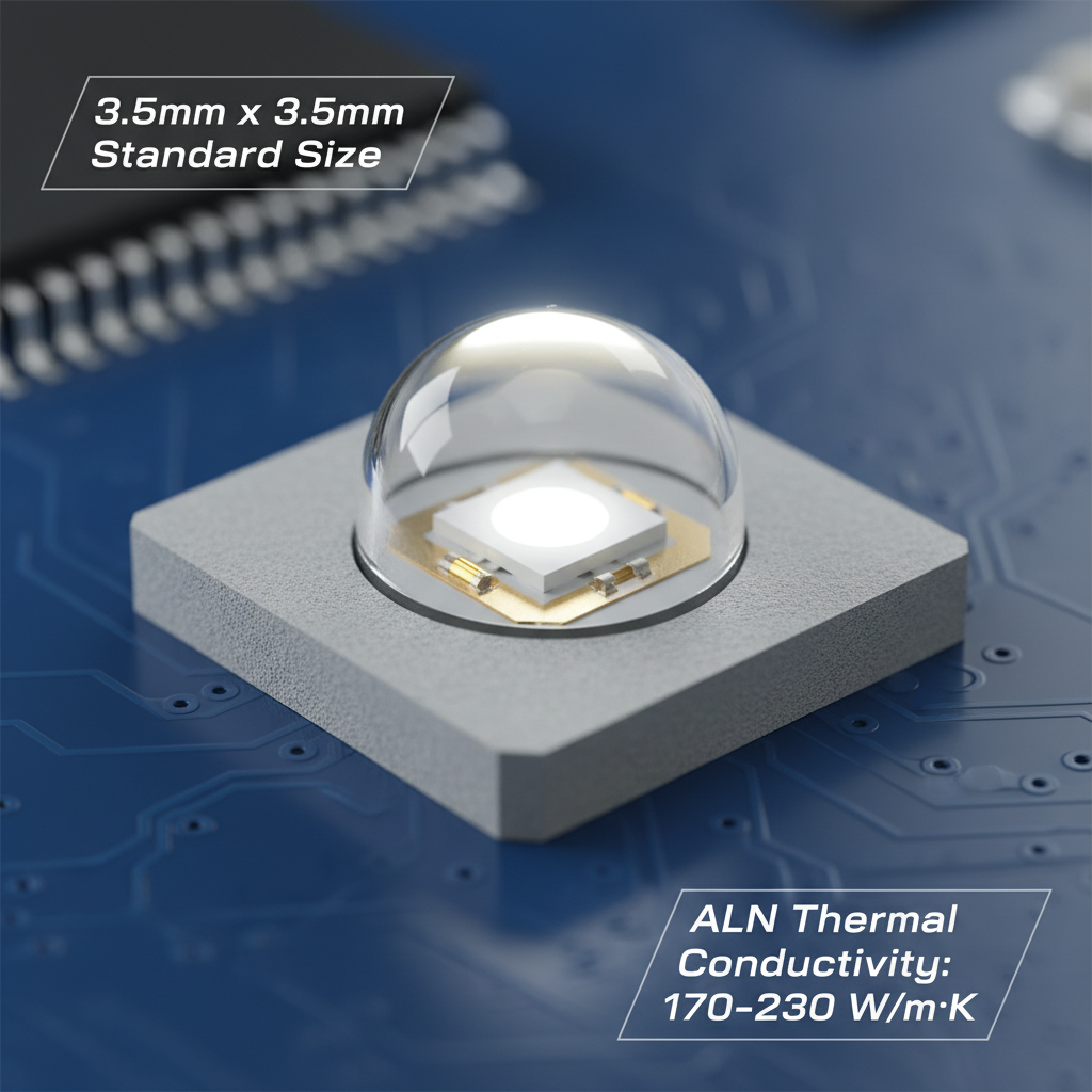 3535氮化铝大功率灯珠特写，展示其3.5mm x 3.5mm标准尺寸、灰白色氮化铝陶瓷基板以及高透明度透镜。背景为虚化电路板，并标注了尺寸和氮化铝的热导率数据，强调其散热性能和高端定位。