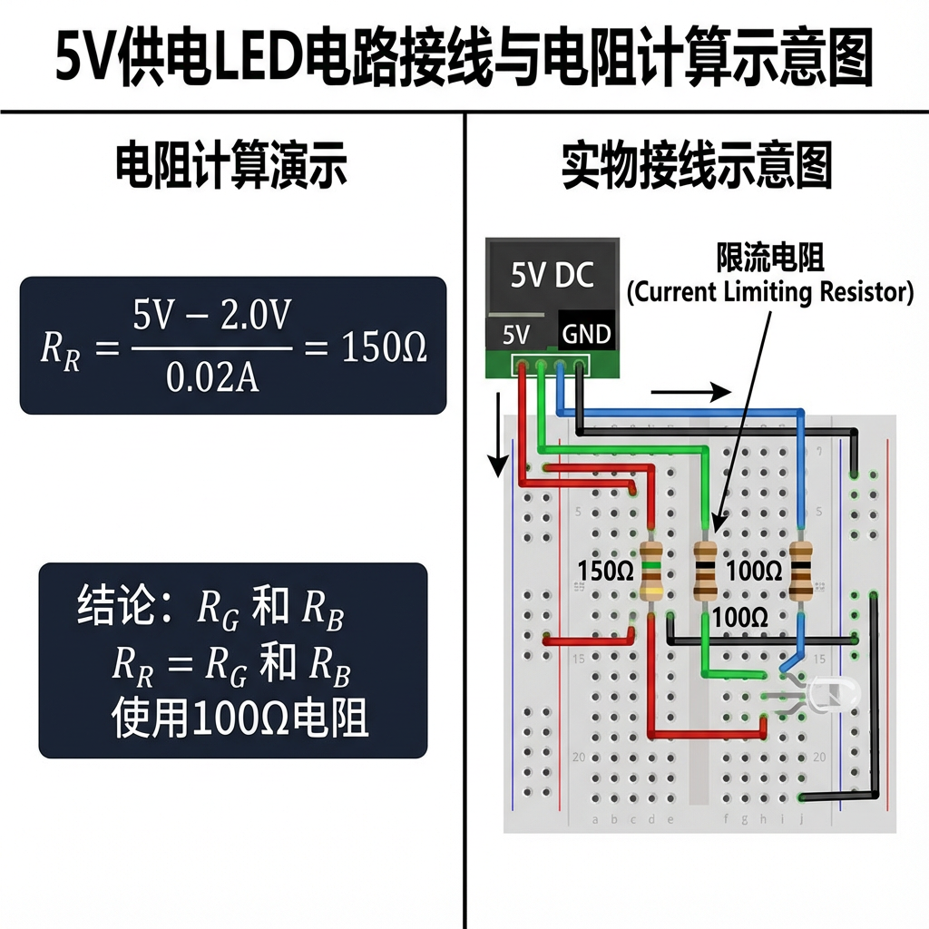 5V供电LED电路接线与电阻计算示意图，包含欧姆定律计算过程和实际接线图。