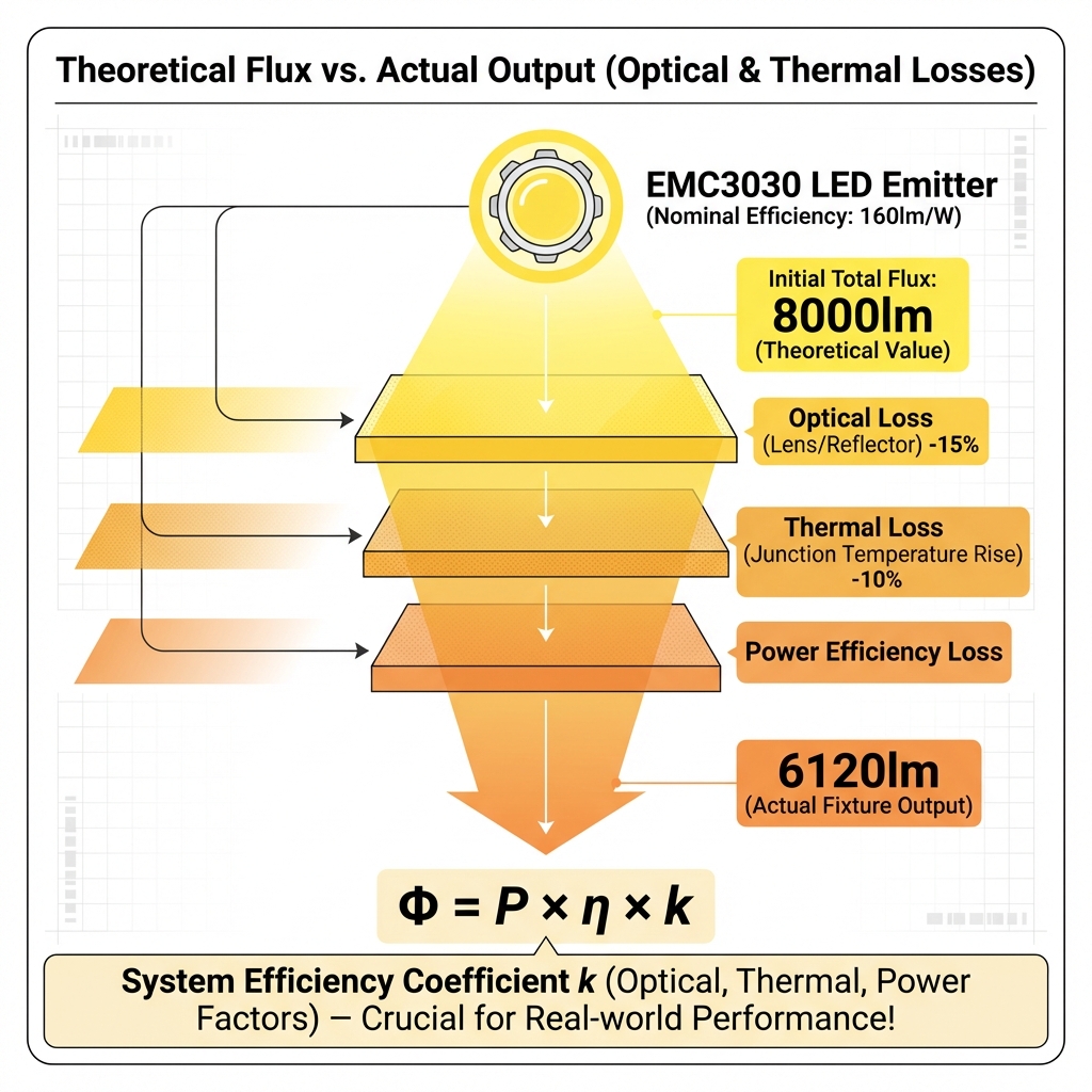 LED光通量损耗逻辑信息图。中心为160lm/W的EMC3030灯珠，发出8000lm理论光通量，随后经过三层滤镜：光学损耗（-15%）、热损耗（-10%）、电源损耗，最终输出6120lm。下方附带光通量计算公式。