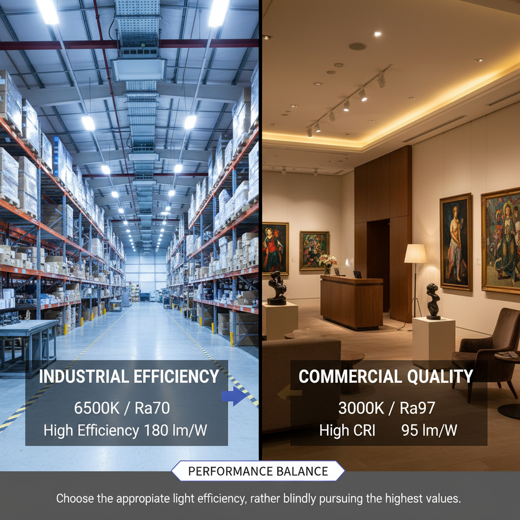 色温与显指对光效的制约关系图，对比工业高光效与商业高显指照明场景。