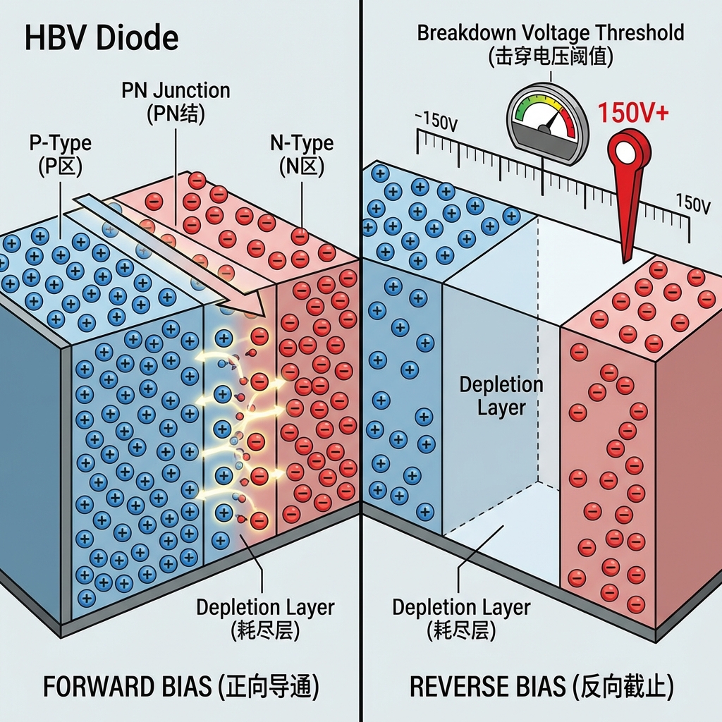 一张详细的3D剖面示意图，用于解释HBV二极管的PN结内部物理机制。图片展示了P区（充满带正电的空穴）和N区（充满带负电的电子）的交界处，中间清晰地标注出“耗尽层 (Depletion Layer)”。通过视觉对比展示“正向导通”和“反向截止”两种状态：左侧展示电子与空穴在中部汇合形成电流，右侧展示在反向电压下耗尽层变宽，阻止电流通过。特别强调“高击穿电压”的设计，在耗尽层上方标注电压耐受极限的刻度感。Text Annotations: 'P-Type (P区)', 'N-Type (N区)', 'PN Junction (PN结)', 'Depletion Layer (耗尽层)', 'Breakdown Voltage Threshold (击穿电压阈值)'. 采用清晰、干净的工业说明书风格。