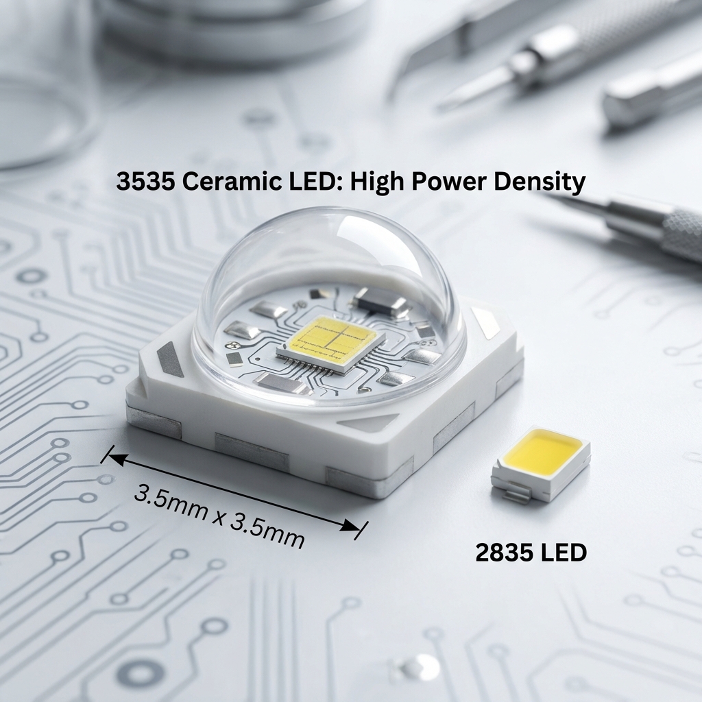 3535植物照明灯珠与2835灯珠的尺寸与功率密度对比图，展示3535陶瓷灯珠的高功率特性